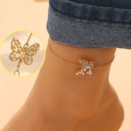 Metal Geometric Hollowed Out Butterfly Anklet Elegant Pearl Crystal Foot Chain Women Summer Beach Jewellery Leg Bangles