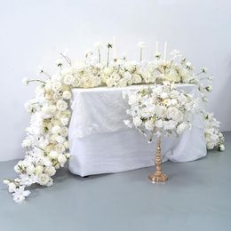 Decorative Flowers Luxury Wedding White Rose Orchid Flower Row Runner Arrangement Banquet Event Decor Table Ball Party Prop Large Floral