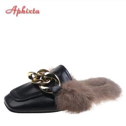 Slippers Aphixta Winter Big Chain Long Real Rabbit Fur Plush Women Slippers Nature Warm Furry Shoes Square Toe Flat Heel Hair Slides 231123
