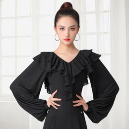 Stage Wear Sexy V -Neck Lantern Sleeve Bodysuit Black Latin Dance Costumes Chacha Smaba Tango Clothes For Women DN10558