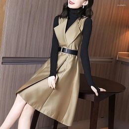 Work Dresses 2023 Women Spring Fashion French Sets Female Slim Long Sleeve Knitted Tops Ladies Loose A-line Vest Dress Two-piece Suits R451