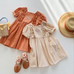 Cute Girls Clothing Dresses Short Sleeve Summer Flower Embroidery dress 100% cotton girl kids elegant 2 Colours