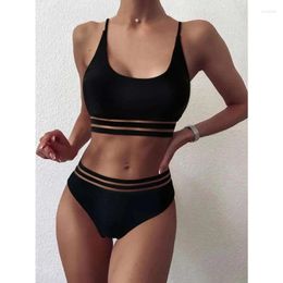 Women's Swimwear 2023 Sexy Push Up Bikinis Set Swimsuits Scalloped Edge Women Black Bandeau Bathing Suit Solid Biquini Beach Wear