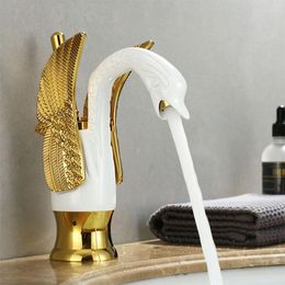 Bathroom Sink Faucets Gold White Brass Basin Swan Mixer Cold Single Hole Handle Water Tap Deck Mounted Copper Accessories