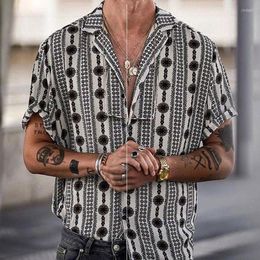 Men's Casual Shirts Ethnic Printed Shirt Men Streetwear Turn-down Collar Button Short Sleeve For Vintage