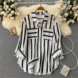 Women's Blouses Mid Length Vertical Stripe Multicolor Shirt For Korean Casual Loose Top Ladies Lapel Long-Sleeved Blouse Femme Blusa