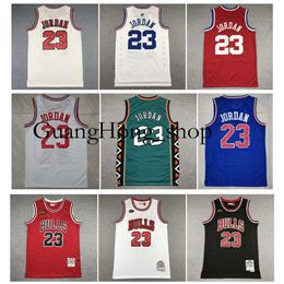 GH 23 Michael Jor Dan Bull Champions Basketball Jersey Chicagos Finals Mitch and Ness Throwback Red White Black Size S-XXL