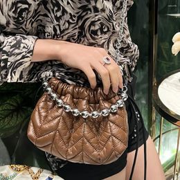 Evening Bags Padded Quilted Bucket Bag Women Soft PU Leather Shoulder Winter Ladies Embroidery Thread Chain Crossbody