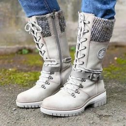 Boots De Mujer Women's Winter Side pull Lace up Knitted Mid tube Low heeled Round toe High quality Warm Botas 231123