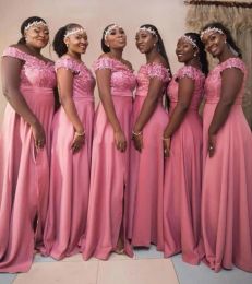 Rose Pink Bridesmaid Dresses Lace Applique Side Slit Off The Shoulder Straps Sleeveless Beach Plus Size Wedding Guest Gowns Custom Made Formal Evening Wear