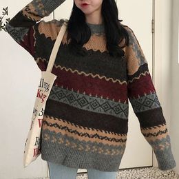 Vintage Oversized Knitted Pullover Women S Sweater Y K Geometric O Neck Loose Sweaters Female Autumn Lady Knitwear Jumpers