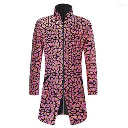 Men's Suits Luxury Sequins Embroidery Velvet Blazer Middle Long Coat Slim Stand Collar Zipper Party Concert Jacket Stage Show Costume
