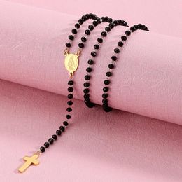 Pendant Necklaces Religious Link Beads Chain Necklace For Women Stainless Steel Cross Virgin Mary Enamel Jewellery 60cm(23") Long 1 PC