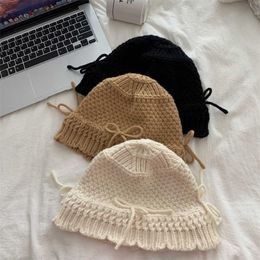 Korean Style Same Autumn/Winter Bow Knitted Fisherman Hat Woollen Pot Hat Women's Ins Versatile niche 231015