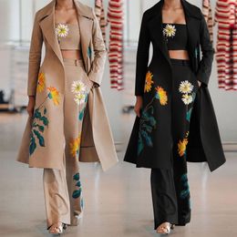 Women's Three Piece Pants Spring 2024 Fashion Street Print Long Trench Coat Wrap Chest Flared Pants Suit Casual 231123