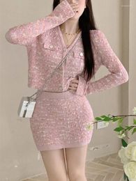 Work Dresses Autumn Pink Knitted Two Piece Set Women Casual Elegant Party Mini Skirt Suit Female Korean Fashion Short Sweater 2023