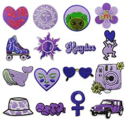 Preppy Iron on Patches Purple Ice Skates Flowers Embroidered Sew on Applique Patch for Clothing Jacket Sweater Hats Backpack DIY Craft