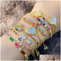 Charm Bracelets 18K Gold Rainbow Zircon Diamond Bracelet Pl String Adjustable Crown Heart Cross Charm Bracelets Women Fashion Jewellery Dhnkh