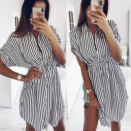 Casual Dresses Office Lady Striped Lapel Shirts Summer Women Elegant Short Sleeve Single Breasted Bandage Commute Mini