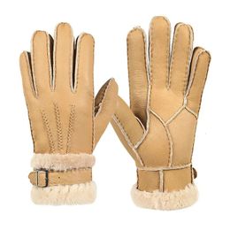Fingerless Gloves 100 Sheepskin Winter Mitten for Women Men Real Cashmere Fur Warm Ladies Full Finger Genuine Leather 231122