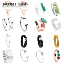 FAHMI Sweet and simple round bear open mesh heart-shaped wide version pull version plain circle full diamond black double open ring rose gold silver