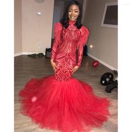 Party Dresses Red Mermaid African Prom Dress 2023 High Neck Long Sleeves Feathers Puffy Tulle Black Formal Evening Gowns CP488