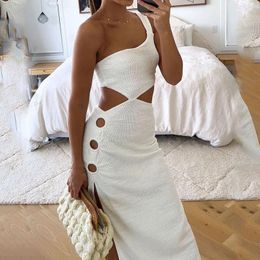 Casual Dresses For Women2023 Summer Sexy Sweet And Spicy Style One-Shoulder Sleeveless Leaky Waist Hollow Slit Solid Colour Dress