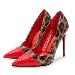 Mulheres Sapatos de Bottom Red Patchwork Sexy Leopard Print Ponto de 12 cm de altura Sapatos para pé largo Plus Tamanho 34-45 Bombas de estilete sexy