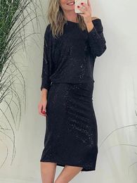 Casual Dresses Elastic Waist Sequins Patchwork Dress Women Summer Diagonal Collar Slim Party Club Female Solid Mid-Calf 2024