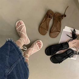 Sandals Women's Sandals Sexy 2022 Summer New Cross-Tie Fashion Flat Lace-Up Roman Shoes Round Toe Beach Open Toe Fairy Sandalias Mujer AA230422