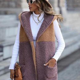 Women's Vests Rocking Fleece Jacket Vest Long Fashionable Autumn Winter Warm Coat Patchwork Colour Block Hooded For Women