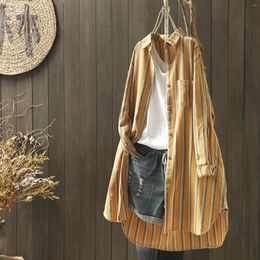 Women's Blouses Vintage Women Striped Shirts Cotton Linen Button Down Shirt Casual Long Sleeve Loose Pocket Lapel Collared Work Blouse Tops