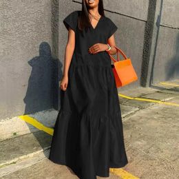 Casual Dresses Solid Color Women Loose Dress Fashion 2023 Summer Short-sleeve V-neck Office Long Lady Simple Large Hem