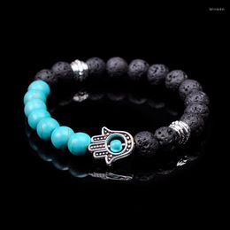 Strand Natural Black Lava Stone TurquoiseBeads Bracelet For Men Women Stretch Fatima Hamsa Hand Charm Blue Eye Lucky Jewelry