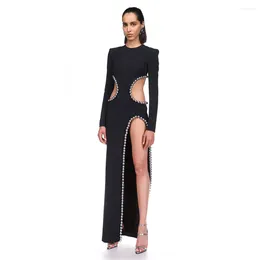 Casual Dresses Sexy Hollow Out Silver Studs Black Bandage Dress Maxi Long Sleeve Robes Longues Vestidos Elegantes Para Mujer Party