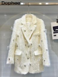 Womens Suits Blazers Temperament Rhinestone Beaded Mink Fur Quilted Long Suit Coat Women Winter Tailored Collar Sleeve Jacket Female 231123