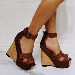 Sandals Brown Leather Retro Gladiator Platform Wood Grain Chunky Heel Shoes Women Wedges Peep Toe Buckle Strap Sandalias Mujer