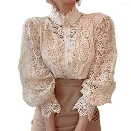 Women's Blouses Summer And Autumn Lace Hollow Shirt Elegant Apricot Standing Neck Long Sleeve Single Breasted 3XL