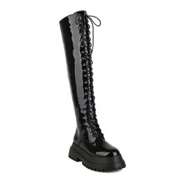 Boots Over-the-Knee Lace-up Christmas womens fashion boots Big size Glossy fabric side zips Carnival boots waterproof boots women 231122