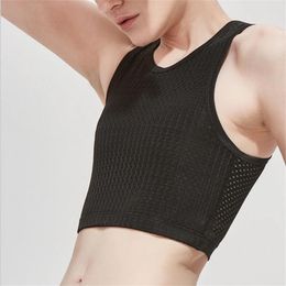 Yoga Outfit Sports Vest Mesh Breathable Sportwear Chest Breast Binder Trans Crop Top Flat Corset Stretch Body Shaping Bra