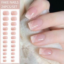 False Nails 24pcs French Press On Fake Nalis Reusable With Pink Design Wihte Wearable Full Cover Nail Tips Stick NailsFalseFalse