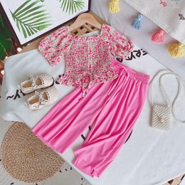 Clothing Sets Summer Girl's Children Set Baby Girl Korean Suit Chiffon Floral Blouse And Wide Leg Pants Two-piece Kids Clothes