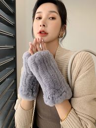 Women desinger Real Rabbit Fur Gloves Mittens Winter Knit Warm Fingerless Hand Warmer female thickened warm Korean version cute finger baring fingers elastic