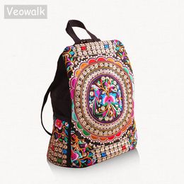 School Bags Veowalk Vintage Artistic Embroidered Women Canvas Backpacks Handmade Floral Embroidery Rucksack Schoolbag Denim Travel Bags 230422