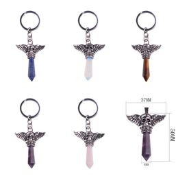 Angel Skeleton Hexagonal Pillar Natural Healing Crystal Stone Keychain Charm Alloy Pendant Key Ring Wholesale