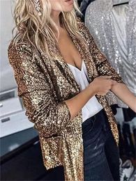 Womens Suits Blazers Fashion Sequin Women Blazer Jacket Turndown Collar Gold Silver Long Sleeve Casual Slim Fit Lady Outwear High Street Female Coat 231123