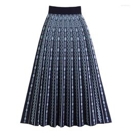Skirts TIGENA Vintage Knitted Long Skirt For Women 2023 Autumn Winter Fashion Plaid Print A Line High Waist Pleated Midi Female