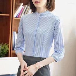 Women's Blouses 2023 Spring And Autumn Commuter Simple Striped Standing Collar Anti Glare Snap Three Quarter Long Sleeve Shirt