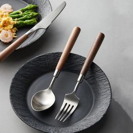 Dinnerware Sets Fork Cutlery Dishes Tools Coffee Tea Spoons Tableware 4Pcs Wooden Handle Stainless Steel Desserts Flatware Kitchen