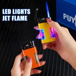 Lighters New style transparent air chamber rocker arm windproof lighter blue flame jet colorful LED light free shipping